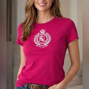 Lauren Ralph‎ Lauren Active Fuchsia Crest Logo Cotton Tee M Y2K